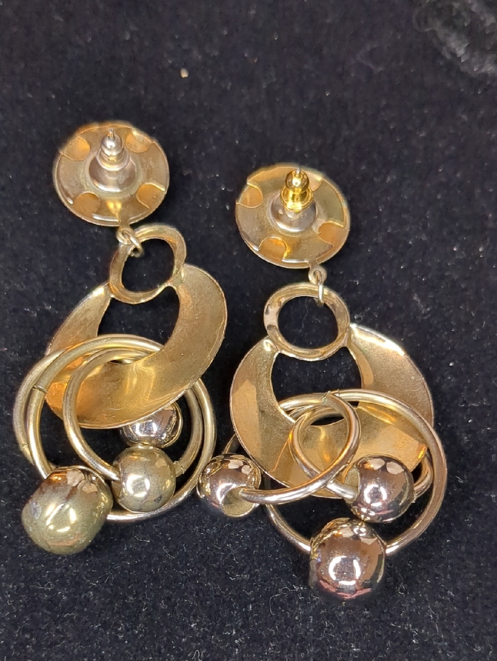 Vintage 80s Gold Multi Hoop Dangle Earrings Modernist Chandelier Pierced - Picture 7 of 7